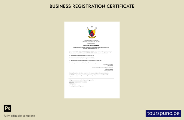 listo para imprimir Plantilla de plantilla de certificado de registro de Camerún